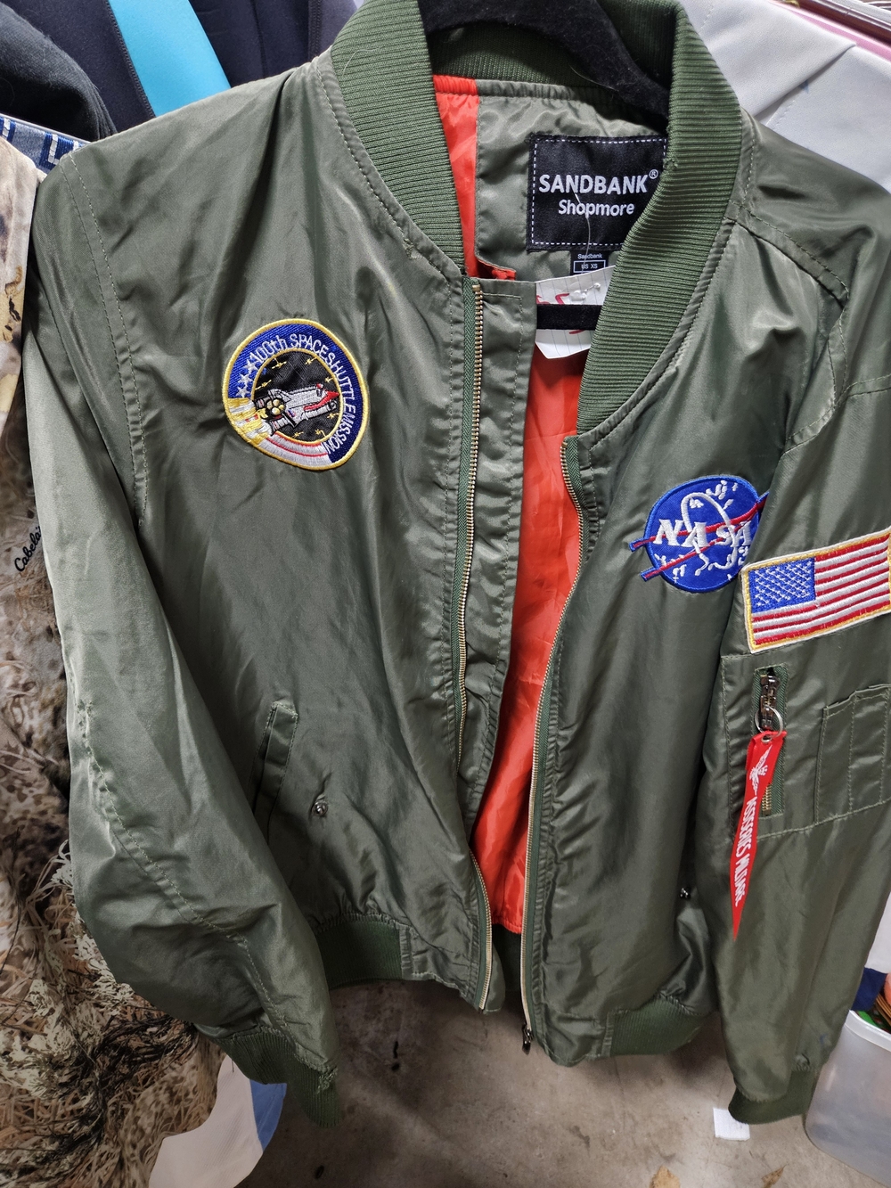 SANDBANK Olive Green Bomber Jacket with NASA Patches
